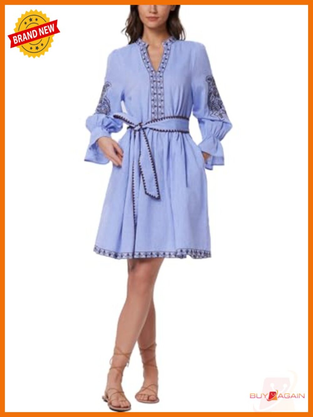 Embroidered Mini Dress with Puff Sleeves, V Neck, Belted, Pockets